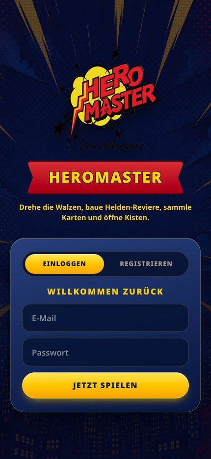 Startbildschirm mit Login und Registrierung