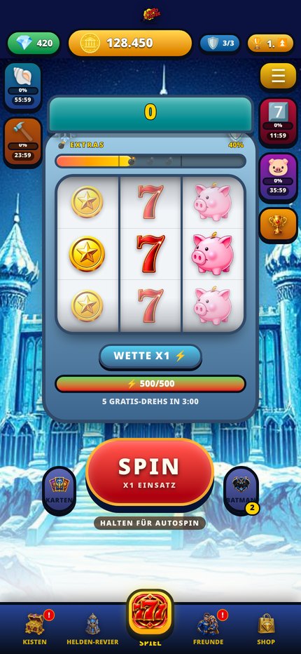 Die Slotmaschine mit Extras-Balken und Spin-Button